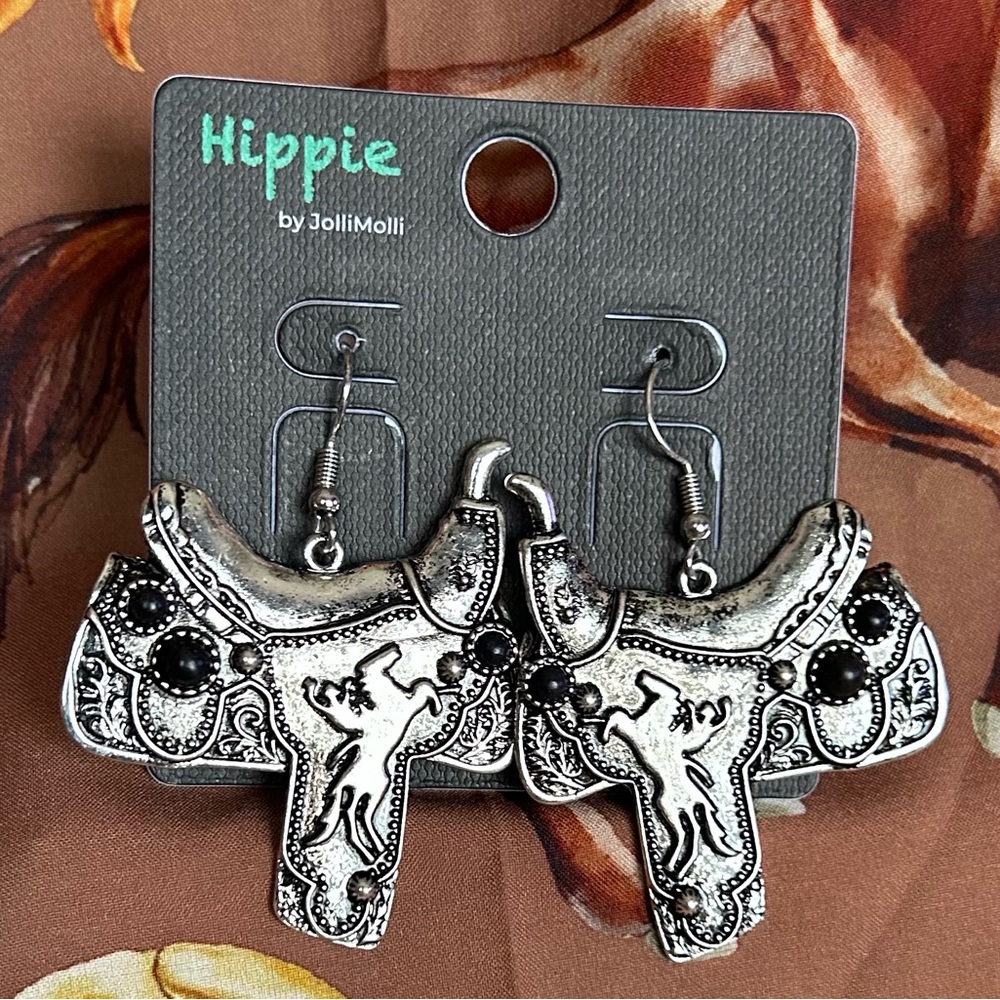 NEW Hippie By Jollimolli Silver Western Saddle Earrings